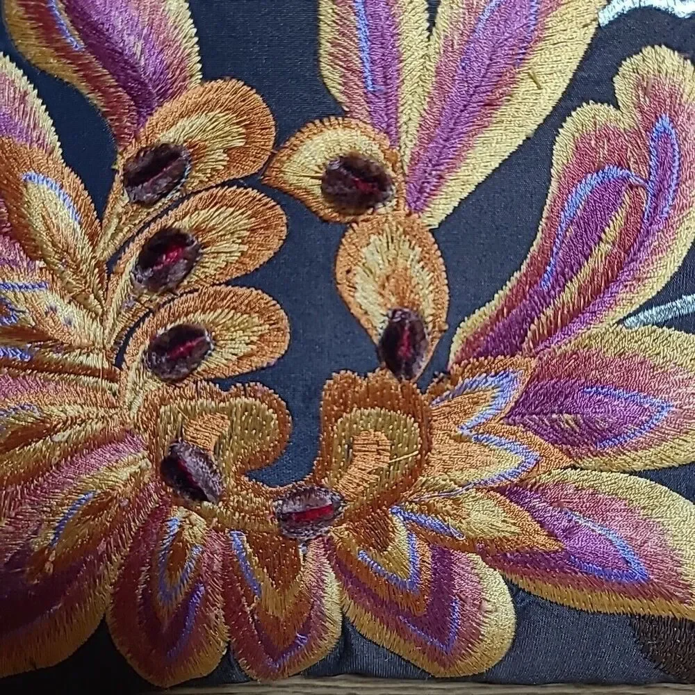 Pier 1 Imports Embroidered Floral Lumbar Pillow Orange Brown Fringe 13x18